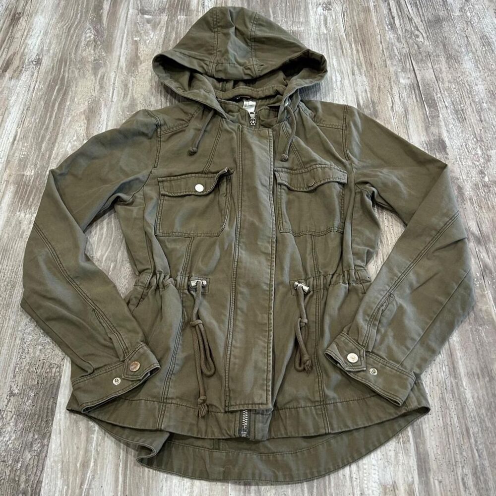 H&M Women's army green hooded full zip utility military workwear gorpcore jacket